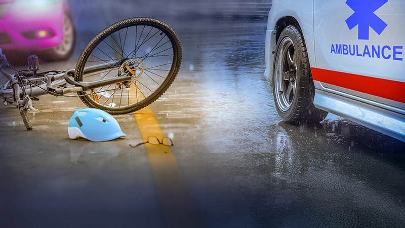 Accident Drunk Driving Car and Bicycle Collision in Rainy Weather at night time.