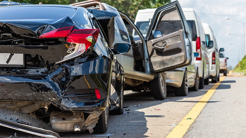 Heavy accident, Modern car accident involving many cars on the road.