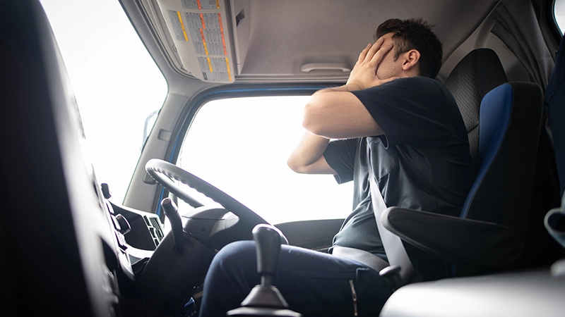 A male driver sitting in the driver's seat, holding his hands over his face in a gesture of distress, frustration, or despair.