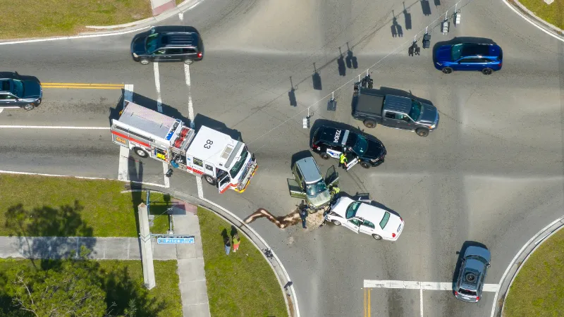 Car crash site with emergency services personnel and vehicles responding to accident