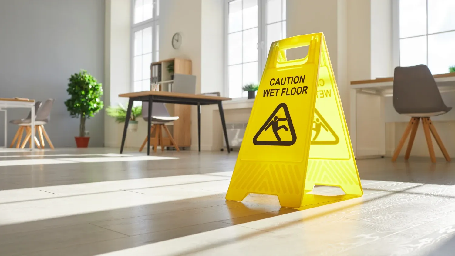 A bright yellow "Caution Wet Floor" sign positioned on a clean, light-colored floor in a modern office space.