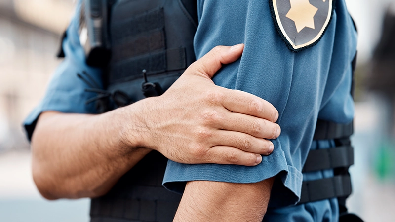 Man, police and arm injury in city from accident, gun shot or pain in discomfort.